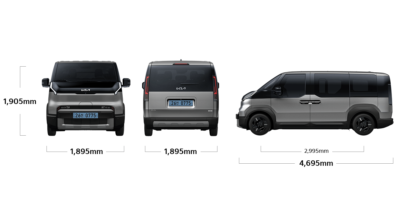 PV5 WAV 제원 정면/후면/측면 : 전폭 1,895mm, 전고 1,905mm, 휠베이스 2,995mm, 전장 4,695mm
