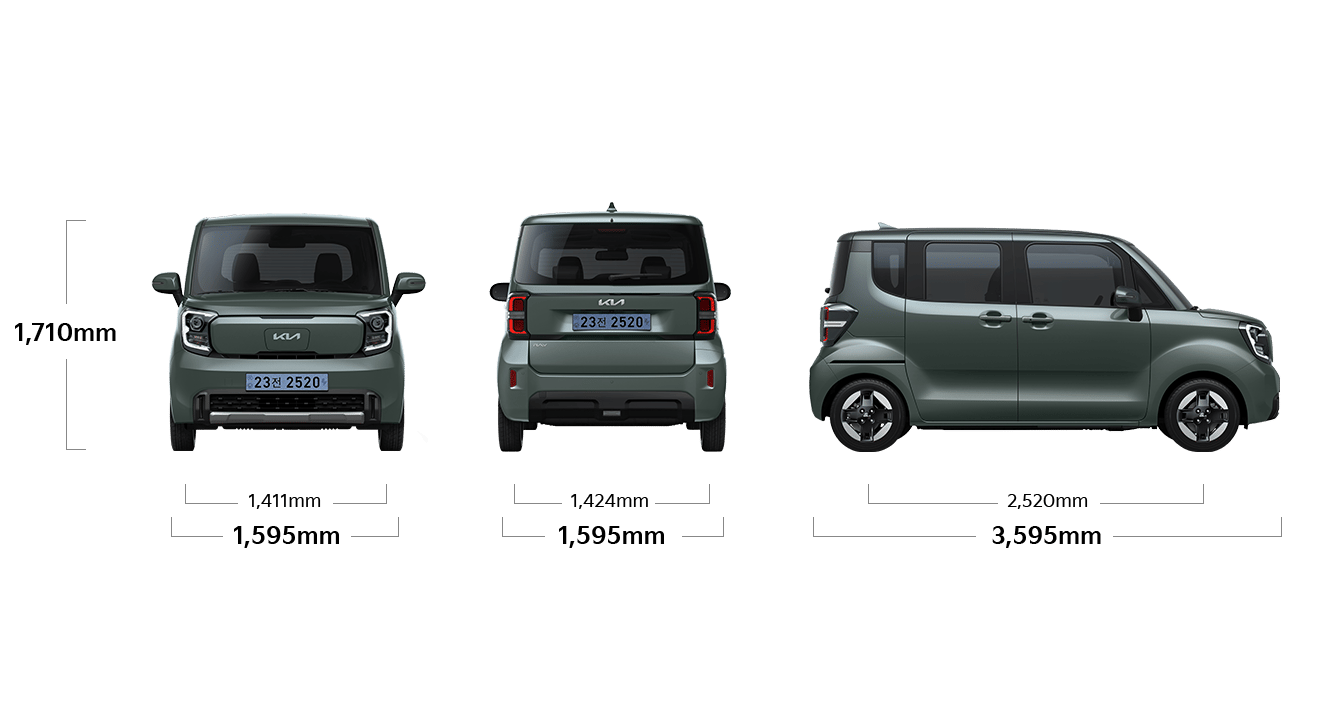 레이 EV 제원 정면,후면,측면 : 전폭 1,595mm, 전고 1,710mm, 윤거 전 1,411mm, 전폭 1,595mm, 윤거 후 1,424mm, 전장 3,595mm, 축거 2,520mm