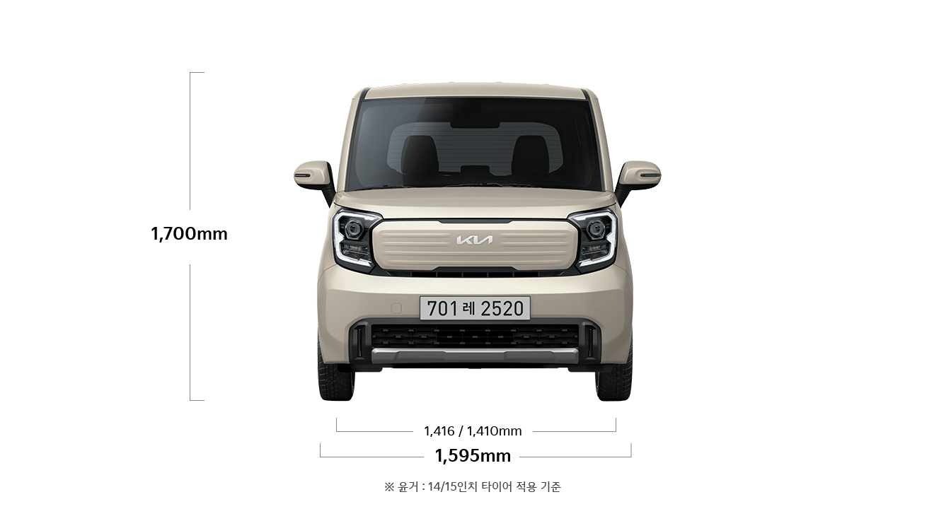 레이 제원 정면 : 전폭 1,595mm, 전고 1,700mm, 윤거 전 1,416 / 1,410mm ※ 윤거: 14/15인치 타이어 적용 기준