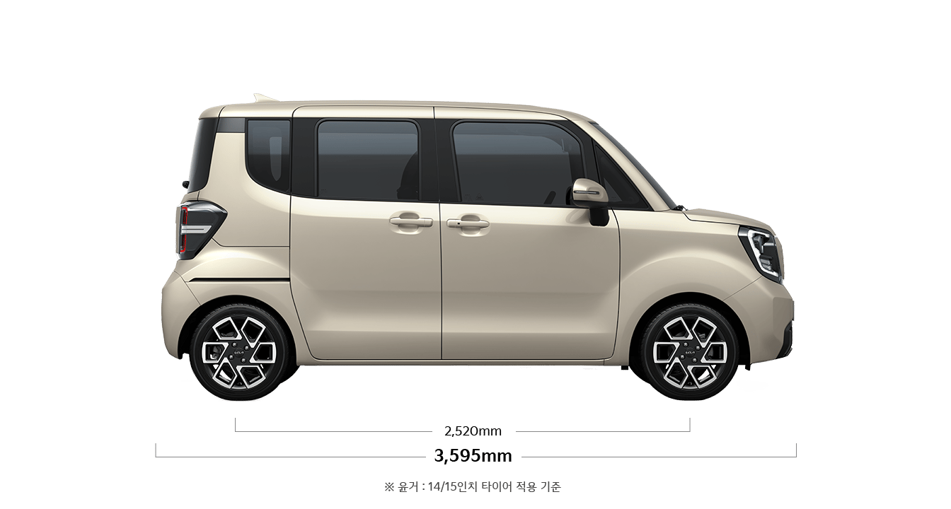 레이 제원 측면 : 전장 3,595mm, 축거 2,520mm, ※ 윤거: 14/15인치 타이어 적용 기준