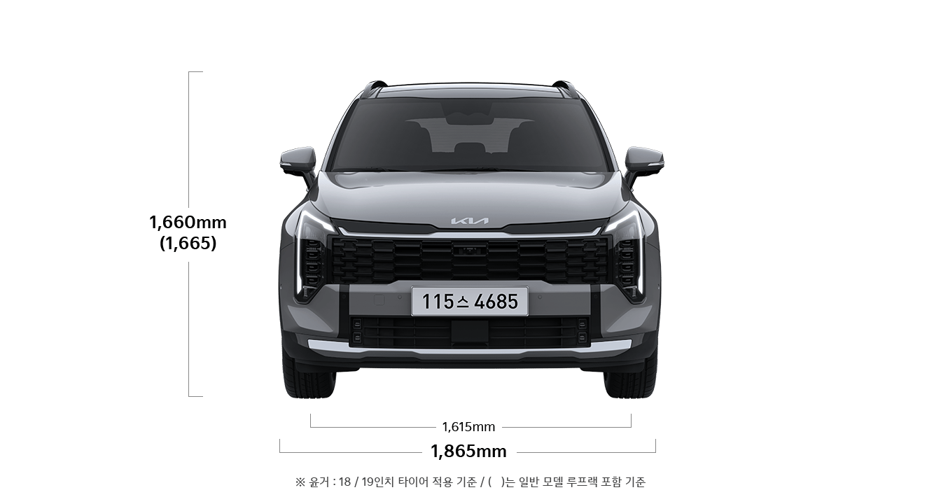 스포티지 제원 정면 : 전폭 1,865mm, 전고 1,660(1,665)mm, 윤거 전 1,615mm ※ 윤거 : 18 / 19인치 타이어 기준 ※ (  )는 일반 모델 루프랙 포함 기준