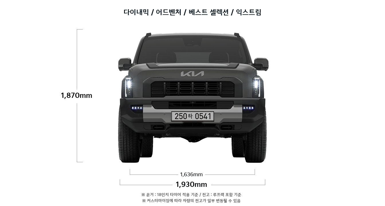 타스만 다이내믹/어드벤처/베스트 셀렉션/익스트림 제원 정면 : 전고 1,870mm, , 윤거 전 1,636mm, 전폭 1,930mm ※ 윤거 : 18인치 타이어 적용 기준 / 전고 : 루프랙 포함 기준 ※ 커스터마이징에 따라 차량의 전고가 일부 변동될 수 있음 
