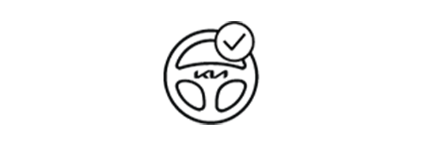 Black and white icon of a Kia steering wheel with a positive check mark above it.