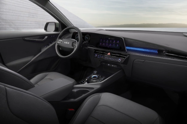 2023 Niro PHEV with gray interior, passenger seat perspective of driver command center.