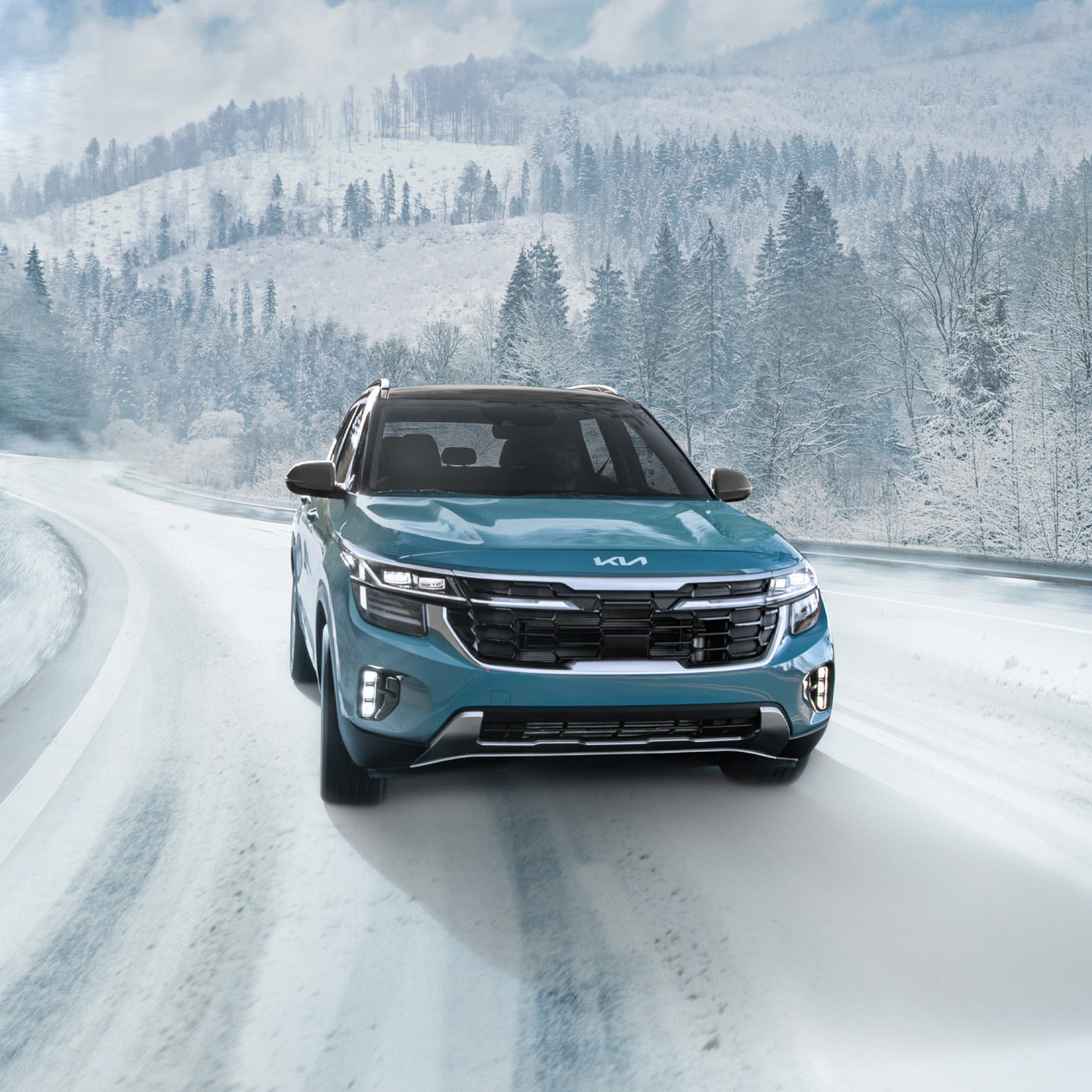 2024 Kia Seltos Driving Fast on an Icy Road Front View