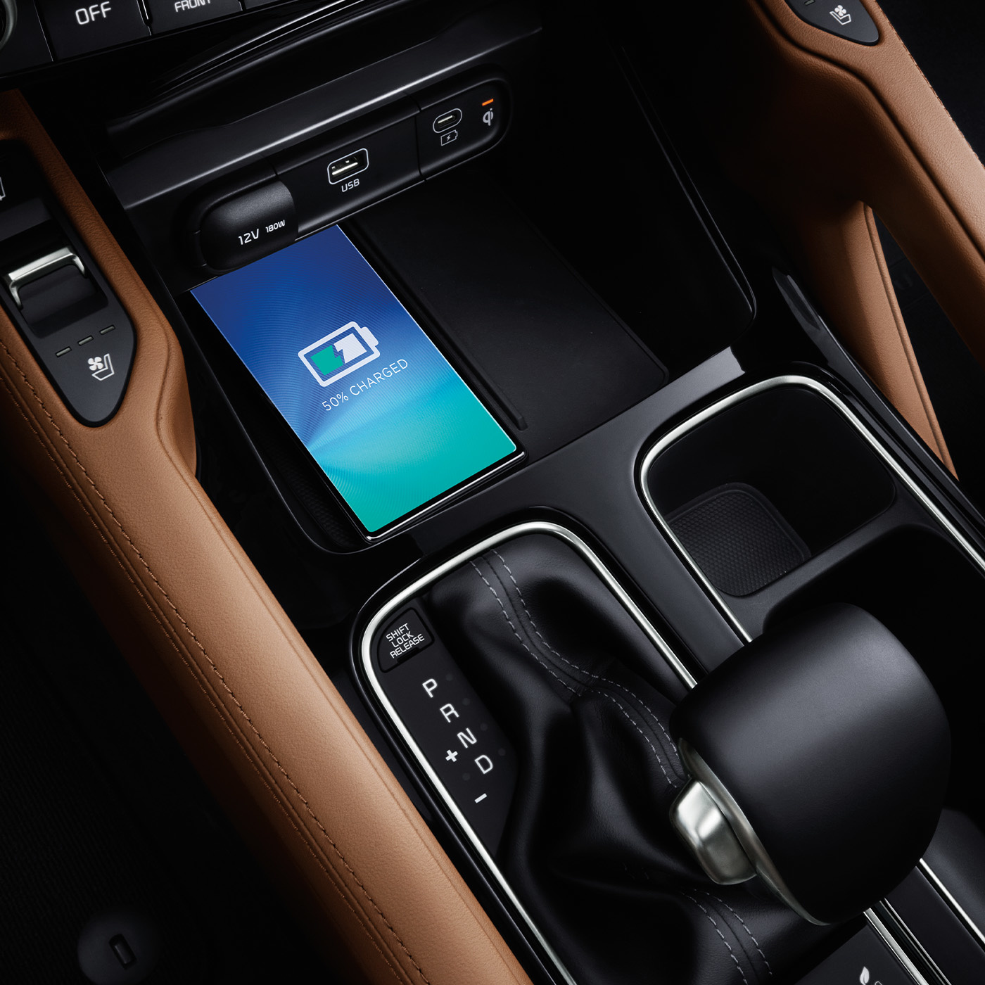 2023 Kia Telluride Interior USB-C Fast Charging Ports And Available Wireless Phone Charging Tray Close-Up