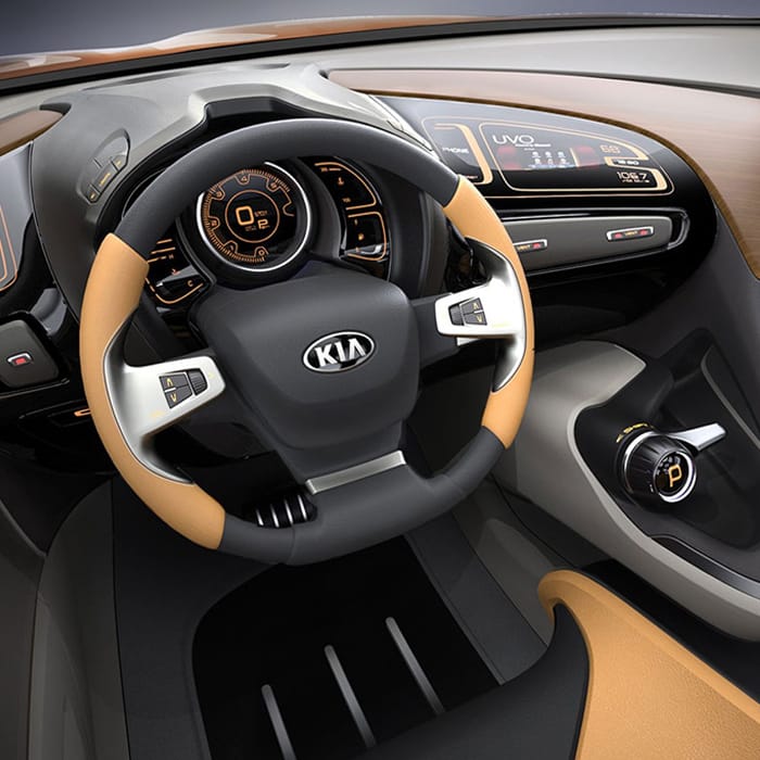 Cross GT concept vehicle interior, view of the driver cockpit, featuring the two-tone steering wheel