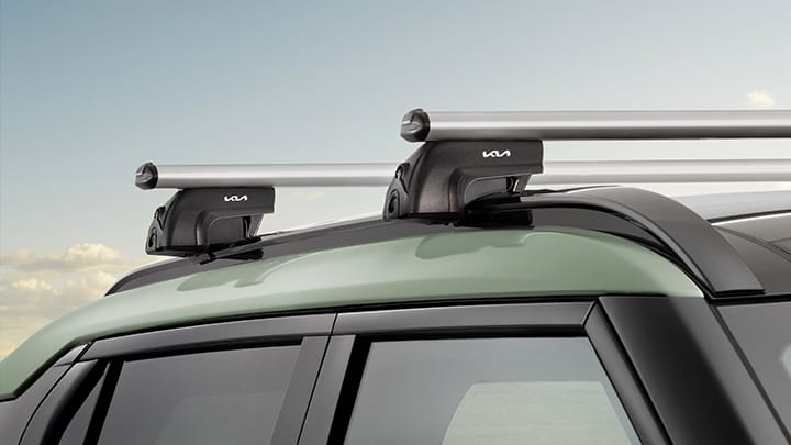 Photograph of the roof of a green Kia vehicle highlighting the two rack rails running across it.
